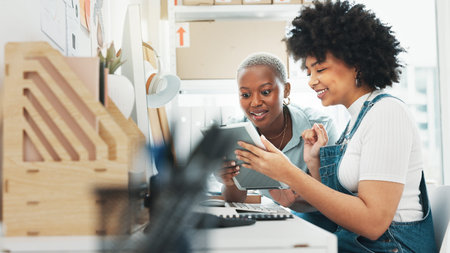 Logistics women, tablet or ecommerce success deal in creative shipping office, startup or e commerce...