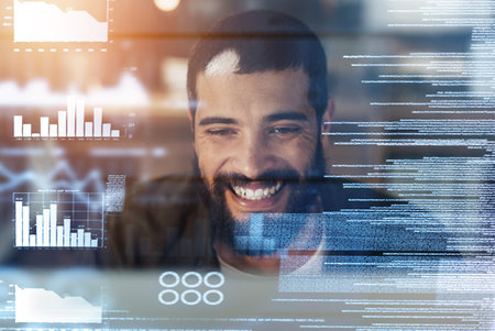 Stock market overlay, fintech or business man with smile for global finance on cryptocurrency, futuristic big data or financial growth. Happy, dashboard or male for economy analysis or invest charts.の写真素材