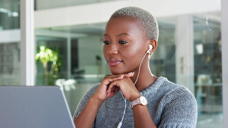 Office, video call and business woman in virtual conference meeting with feedback on ppt proposal at...