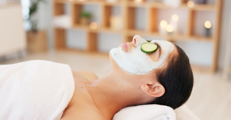 Beauty, skincare and luxury spa face mask for woman at professional salon for anti aging treatment for acne and wrinkles. Health, wellness and relax, skin care with mask facial for healthy lifestyle.の写真素材