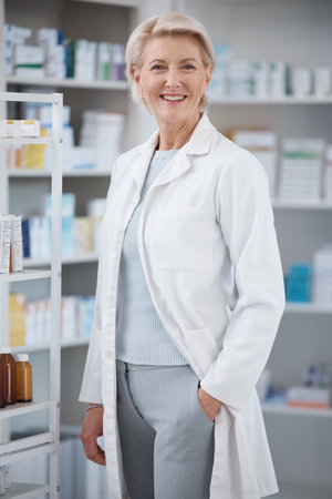 Pharmacy portrait, pharmacist and smile of woman in drugstore or medicine shop. Healthcare, doctor wellness and happy, proud and confident senior medical professional from Canada with career pride.の写真素材
