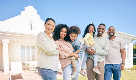 Portrait of generations of black family outside new home, real estate, investment and mortgage with...