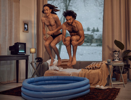 Hipster, rebel and jump into inflatable pool in a lounge inside a retro home or house having fun and playing. Funny, snow and men dive together in the living room for a winter vacation or holidayの写真素材