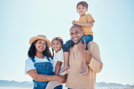 Family piggyback, portrait and smile at beach on vacation, having fun and bonding with mockup....