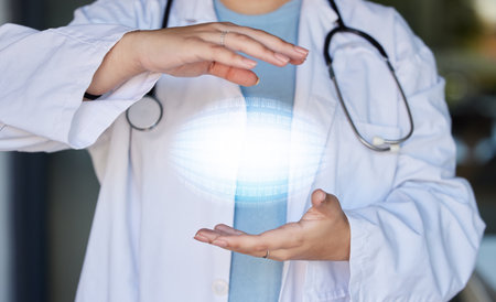 Futuristic healthcare, hologram and hands of doctor with AI, 3d abstract and digital overlay for medical research. Hospital, insurance and woman health worker online for telehealth, data and wellnessの写真素材