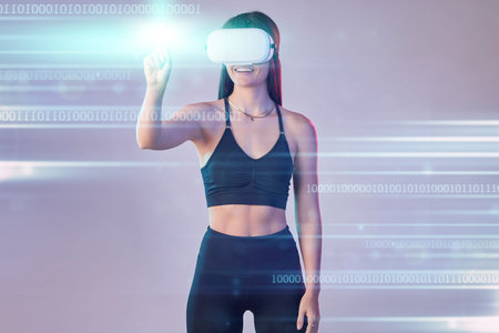 Cyber light, vr or woman in metaverse on studio background digital gaming on cyber sports for...