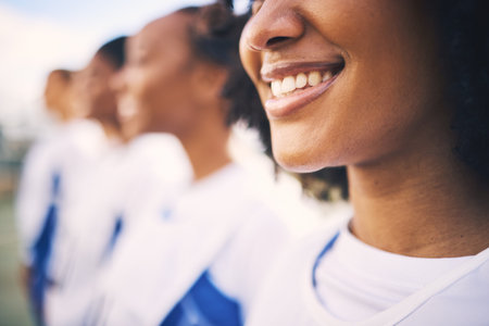 Sports, netball and row of women with smile ready for training, exercise and practice workout on court. Fitness, teamwork and zoom of happy girl athletes with game motivation for match or competitionの写真素材