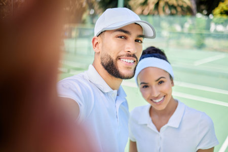 Tennis, portrait and couple take a selfie for a social media post on a social network app on a tennis court. Faces, fitness and happy woman with a smile enjoys training or workout with sportsmanの写真素材