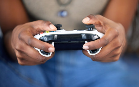 Woman, video games and control in hands playing with home wifi for online gaming, gamepad and relax....