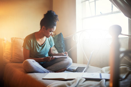 Immersed in her study material. Full length shot of a young female student studying at home.の写真素材