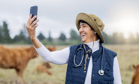 Video call, selfie and vet on a farm for consulting, communication and conversation about animals. Happy, speaking and cattle doctor looking for signal, talking on a mobile and working in agricultureの写真素材