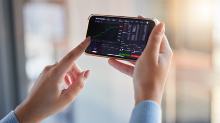 Stock market, finance chart and phone in hands of woman for crypto, trading analysis and bitcoin screen. Fintech growth, ecommerce and girl on smartphone for financial statistics, profit and investの写真素材