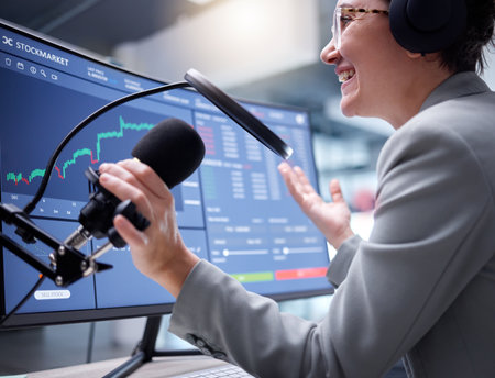 Stock market podcast, woman with microphone and live streaming of web growth with radio presenter. Fintech influencer, blog chat and trading information communication of social media online speakerの写真素材