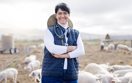 Veterinarian portrait, pig or happy woman with animals to check livestock wellness or agriculture on farm. Smile, face or senior person working to protect pigs healthcare for barn or sustainabilityの写真素材