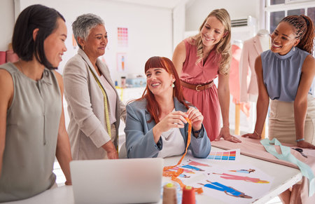Fashion designer, women diversity and teamwork collaboration with laptop, paper design or color...
