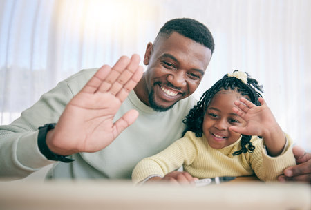 Video call, black family and online education with father support for child development, e learning...