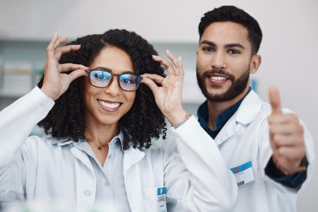 Pharmacy workers, portrait and thumbs up of pharmacist, healthcare and wellness staff with glasses. Thank you, teamwork and motivation hand sign of medical workers in a clinic or hospital with smileの写真素材