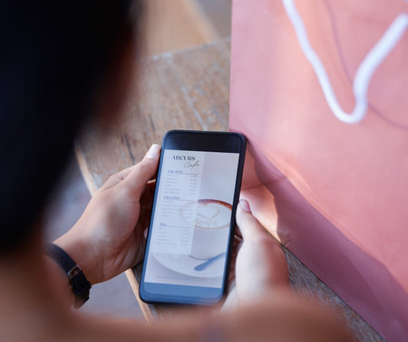 Website, reading and the phone screen of a woman with a menu, food decision or coffee choice....