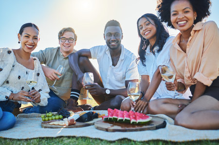 Wine, fruit or friends at picnic to relax or bond on summer holiday vacation at countryside on grass...