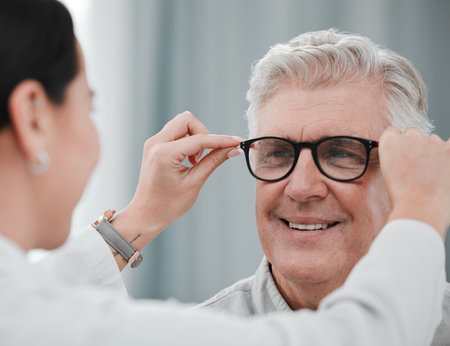 Optometry, ophthalmology and optometrist fitting glasses on senior man patient or happy client during appointment. Doctor, consultation and eyewear or spectacles for an elderly male for visionの写真素材