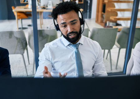 Consulting, communication and call center agent help, working and consultant with online IT problem. Man, ecommerce or customer support worker with contact us, telemarketing and customer serviceの写真素材