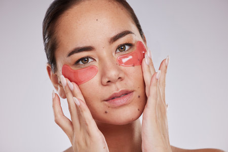 Face, skincare and woman with eye patches in studio isolated on a gray background. Dermatology portrait, cosmetics and young female model with facial pads or products for skin treatment and beauty.の写真素材