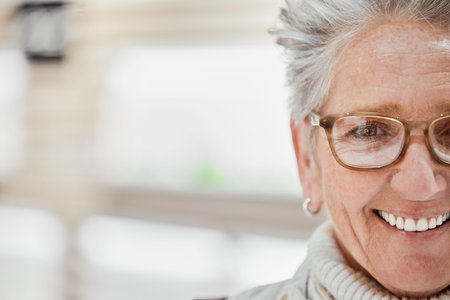 Senior woman, glasses and portrait with mockup space for eye care with vision lens or frame in...