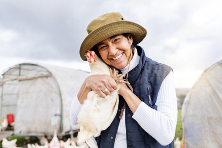 Chicken farmer, woman and smile for agriculture in field, environment and countryside. Portrait of worker, poultry farming and animal birds for sustainability, eggs production and food trade industryの写真素材