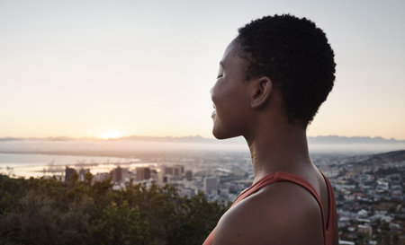 Face profile, meditation and black woman outdoor for peace and freedom. Sunset, zen chakra and happy female practicing yoga, training or pilates for wellness, health and mindfulness exercise alone.の写真素材