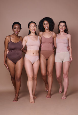 Body, diversity and beauty with women and inclusion, happy portrait and skin with fitness, body care and health. Wellness, healthy with body positivity and pride in different shape and size.の写真素材