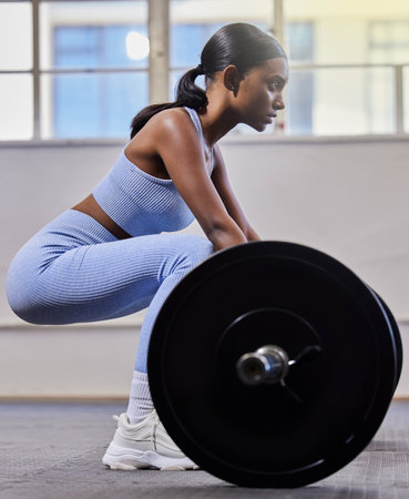 Woman, fitness and barbell for workout in gym, exercise and training with power, bodybuilder and performance. Indian female with weight, challenge and strong body with muscle development with ironの写真素材