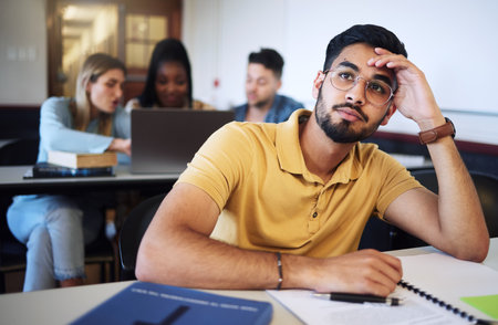 Indian man, student and bored in classroom, tired and stress with notes, examination or task. Young male, guy or exhausted for education, test or notes for assignment with headache and depressedの写真素材