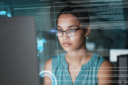 Computer data analysis, hologram hud or woman reading global communication, networking info or...