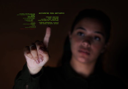 Night, code and woman with programming, hologram and cyber security for protection, digital...