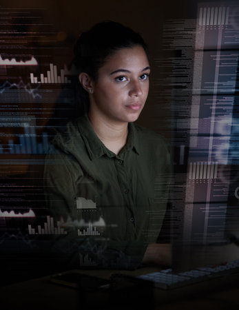 Graphs, digital hologram and woman on computer in office for finance analytics, fintech and online...