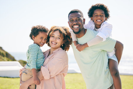 Happy, love and portrait of a black family at a beach for travel, vacation and piggyback on nature in summer. Smile, face and trip with children and parents embrace and bond while traveling in Miamiの写真素材