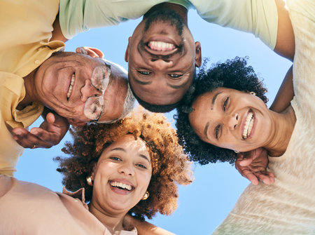 Circle, senior parents and portrait of family with smile, hugging and embrace in huddle in below...