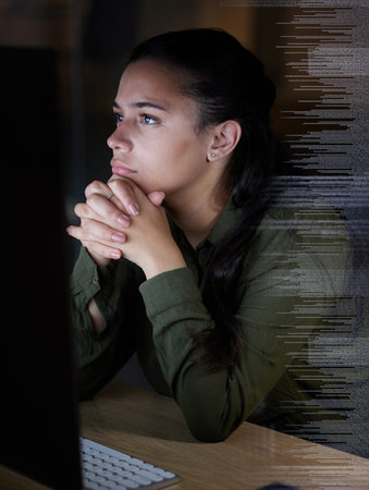 Thinking, digital hologram and woman on computer in office for coding, programming and online data...