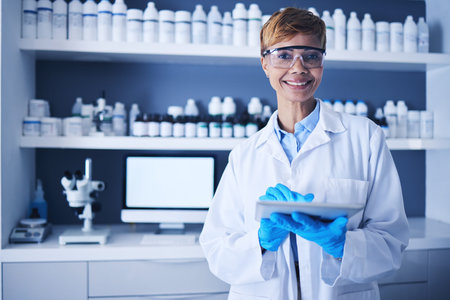 Science, tablet and black woman in laboratory for experiment, pharma innovation and planning....