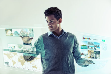 Hologram, travel and man search internet for global accommodation, vacation resort or hotel booking. Future holographic ui, futuristic dashboard hud and web person on online website for world holidayの写真素材