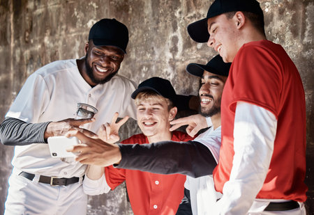 Baseball, sports men or team selfie for social media for fun memory or profile pictures training in...