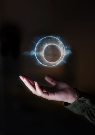 Hand, world and hologram overlay with an interface of ai or 3d technology to access the metaverse...