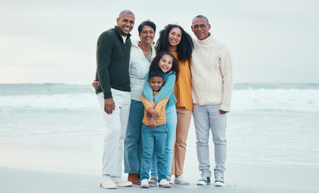 Portrait of grandparents, parents and children on beach enjoy holiday, travel vacation and weekend...