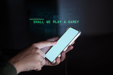 Cyber security hacker, phone or woman hands with bank credit breach, malware or ransomware mockup....