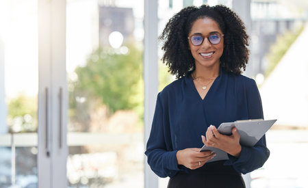 Portrait, checklist and business woman in office happy, smile and confident with positive mindset....