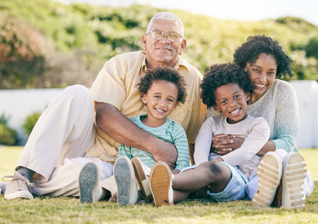 Smile, garden and portrait of children with grandparents enjoy holiday, summer vacation and weekend. Black family, happy and grandpa, grandmother and kids on grass for quality time, relax and bondingの写真素材