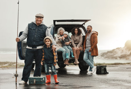 Happy, travel and family on a fishing trip together for an outdoor hobby, activity or lesson....