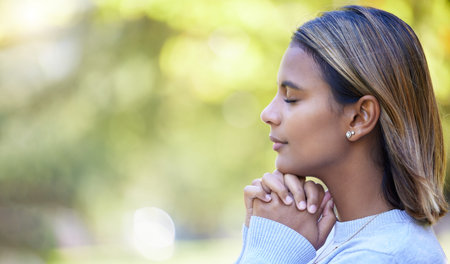 Prayer, peace and worship with woman in nature and mockup for God, spirituality and religion faith....