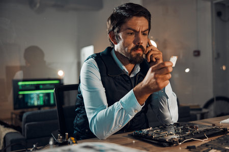 Computer hardware repair, microchip and serious it worker thinking how to fix a motherboard....