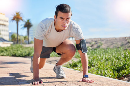 Running, fitness and start with man and race in outdoors for health, sports and marathon training....